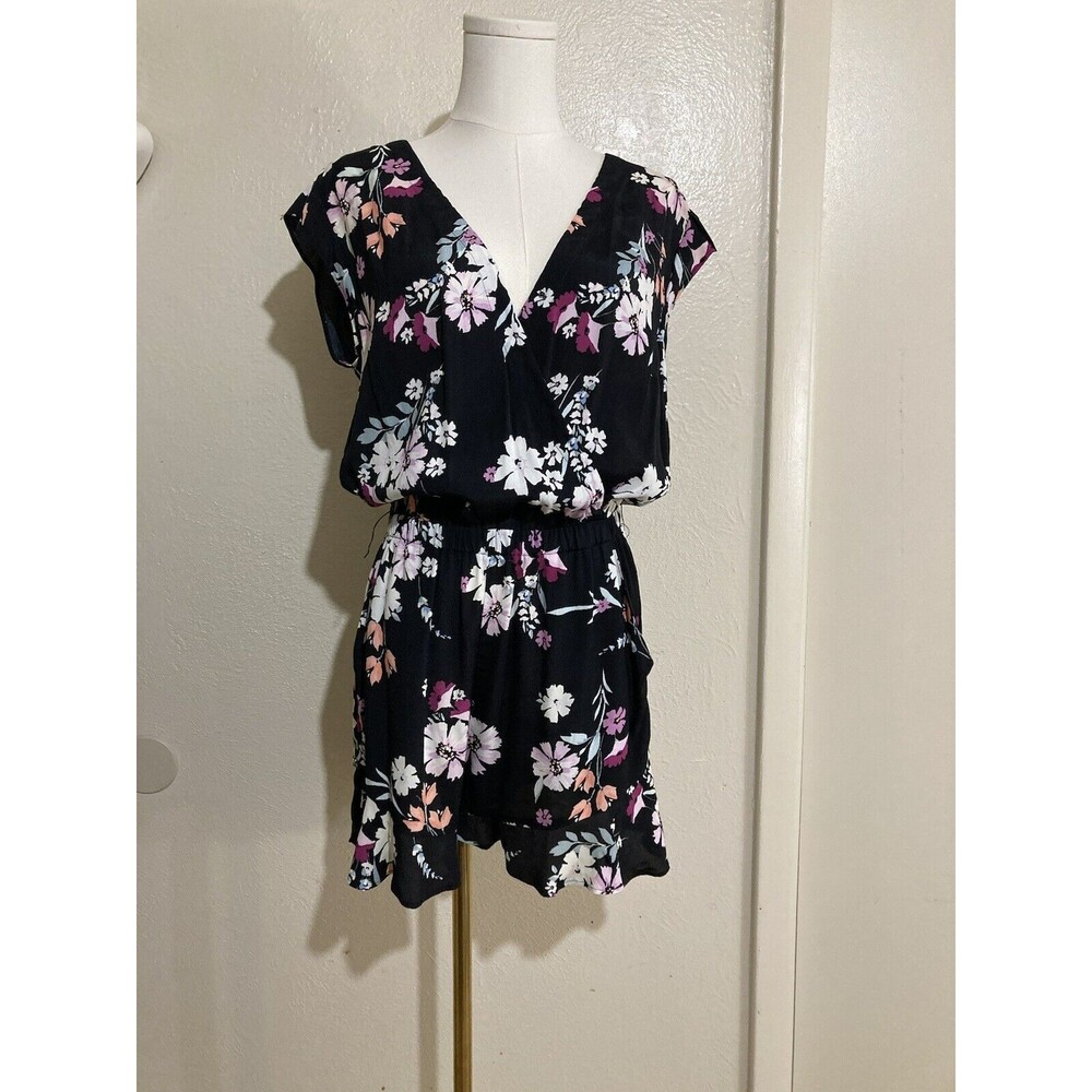 Loft XS Romper Shorts Black With Garden Floral Ruffle Short Sleeve No Belt